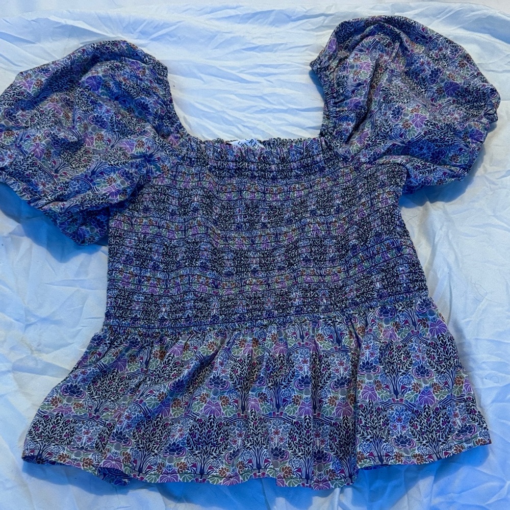 J. Crew Blue and Purple Floral Puff Sleeve Blouse